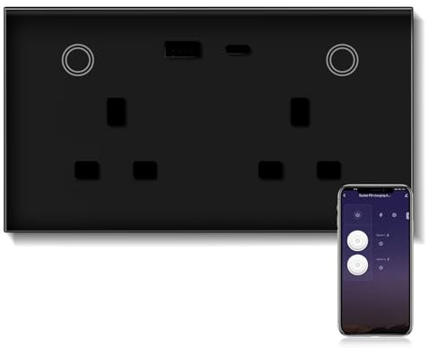 BSEED WiFi Socket 2 Gang with USB and Type C Compatible with Alexa and Google Home, Metered Socket With APP Remote Control Compatible with Smart Life, Timer Outlet Smart Outlet 16A Black