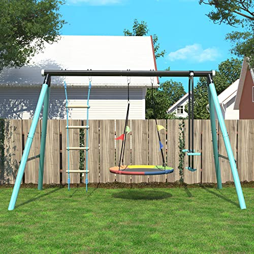 ANIROY Kids Swing Seesaw Set with Metal Frame, Nesting Tree Swing, Height Adjustable Seesaw, Climbing Ladder & Climbing Net, Backyard Playground Outdoor Play Frame Toy for Children, Over 3 Years Old