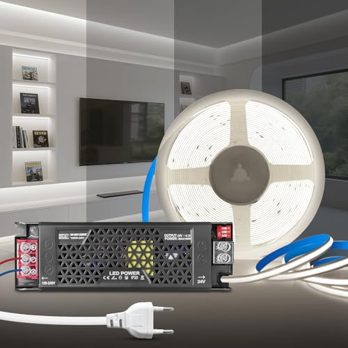 KSIBNW COB LED Streifen Weiß 6000K, 5M Dimmbares 24V Selbstklebend LED Strip Licht mit 24V Dimmbar Netzteil 100W Trafo und 1M Stecker, 8mm Breite Flexibles Band set für Fernseher, DIY Dekoration