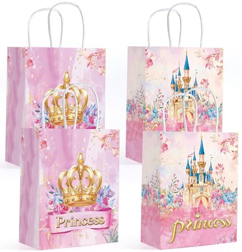 Kinmsito 16 Stück Prinzessin Party PapiertüTen,Prinzessin Geschenktüten,Papiertüten mit Henkel,Süßigkeiten Geschenk,Kindergeburtstag Candy Tüten,Mädchen Geburtstag Partytüten(8cm x 15cm x 21cm)