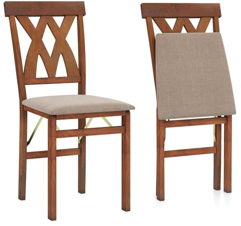 COSTWAY Lot de 2 Chaises de Salle à Manger Pliantes en Bois, Chaise de Cuisine avec Cadre en Bois de Caoutchouc, Siège Rembourré, Dossier Incurvé, pour Maison, Bureau, Appartement (Noyer)