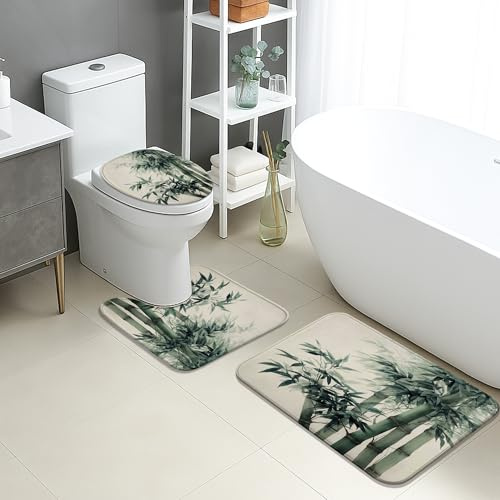 Set di tappetini da bagno in bambù, 3 pezzi, ispirati alla natura, con foglie verdi, assorbenti, antiscivolo, a forma di U, lavabili, stile zen, ad asciugatura rapida, in memory foam, set di tappeti