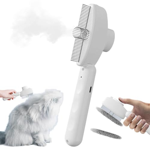 Jemey Katzenbürste mit Dampf, 3 in 1 Dampfbürste mit Spray für Kurzhaar und Langhaa, Selbstreinigende Haarbürste Mit Einem Knopf, Haustiere Bürste für Loses Fell und Matten