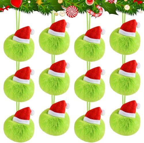 ASTARON 12 Stück Weihnachtsornamente in Lindgrün mit Pelzkugeln für Weihnachtsbaumschmuck, weiche Pompon-Kugelornamente aus Kunstfell für Kaminsims, Wand, Weihnachtsdekoration, Partyzubehör