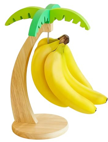 Zamety Banana Holder Stand, Banana Hook Hanger Wooden Stand, Fruit Rack for Kitchen Counter, Tree Rack to Keep Fruits Fresh with Stainless Steel Hook, Natural Wood Colour
