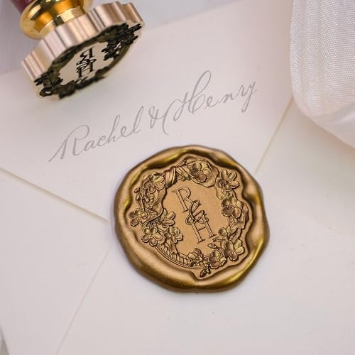 Personalisierter Siegelstempel, Messing Initialen Blumenmotiv | Messing Siegelstempel mit Holzgriff und Initialen Blumenmotiv für Hochzeitseinladungen, Briefe und Geschenkverpackungen
