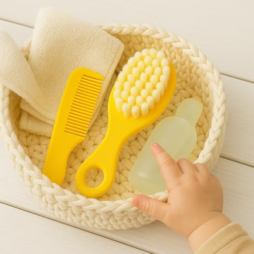 Set de cepillo y peine para bebé – Cerdas suaves, diseño ergonómico, ideal para recién nacidos y niños pequeños – Color amarillo (Amarillo)