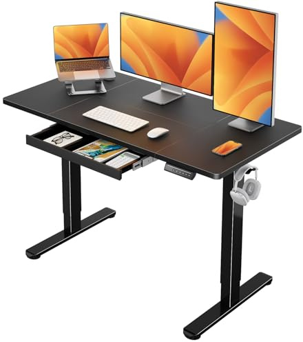 ErGear Höjdjusterbart skrivbord 140 x 80 cm, elektriskt skrivbord, justerbar höjd med låda och 4 minnessmartpanel, T-fotdesign för stabilitet, bordsskiva i flera sektioner