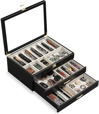 Emfogoo 3 Tier Knife Display Case, Pocket Knifes Organizer Storage Box Collection for Collection of 17-23 Folding Knives, with Real Glass Window Top, for Men's Gift (Black)