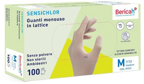 Bericah Sensichlor Guanti Monouso in Lattice, Senza Polvere, Non Sterili, Ambidestri, Sensibilità Tattile, BOX DA 100 Pezzi (L)