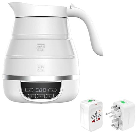 Mini hopfällbar vattenkokare, resevattenkokare, temperaturdisplay for resor, justerbar temperatur, livsmedelskvalitet, silikon, 600 ml, 110-220 V, varmhållning, automatisk avstängning