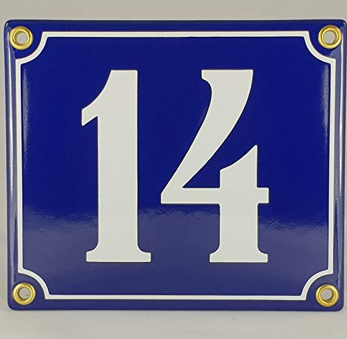 Hausnummer Emaille Schild Nr. 14 Blau-Weiß Handarbeit