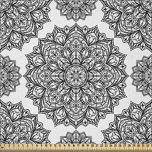 ABAKUHAUS Mandala Stoff als Meterware, Oriental Mandala-Entwurf, Microfaser Multi Zweck Dekostoff für Kunsthandwerke, 3M (148x300cm), Schwarz und Weiß