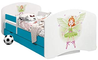 HappyBabies - Doppelseitiges Kinderbett MIT SCHUBLADE Modernes Design mit sicheren Kanten und Absturzsicherung Schaumstoffmatratze 7 cm Blau (Zauberin, 160x80)