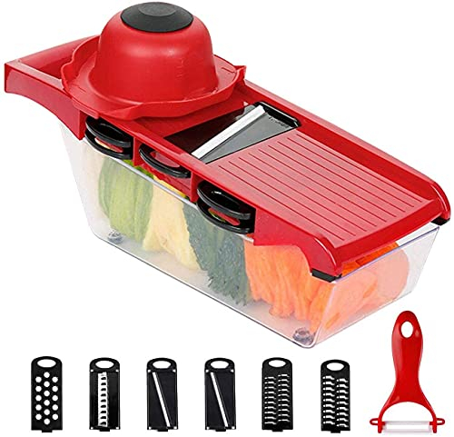 Multi-Function Fruit and Veg Cutter, Interchangeable Stainless Steel Blade with Food Container, Peeler, Hand Protector, Julienne Slice for Potato Tomato Onion Vegetable，6 in 1 Mandoline Slicer