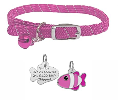 Katzenhalsband, reflektierend, weich, mit Sicherheitsgummi und Glöckchen, mit Hundemarke, Pink