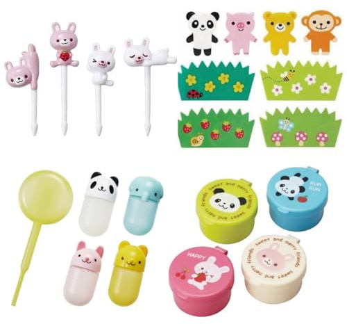 OTSUMAMI TOKYO Bento Box Accessories 4 Kinds Set, Super Cute Mini Container, Kawaii Decoration Sheets, Soy Sauce Case Container with Dropper, Japanese 4 Lunch Box Decor Set