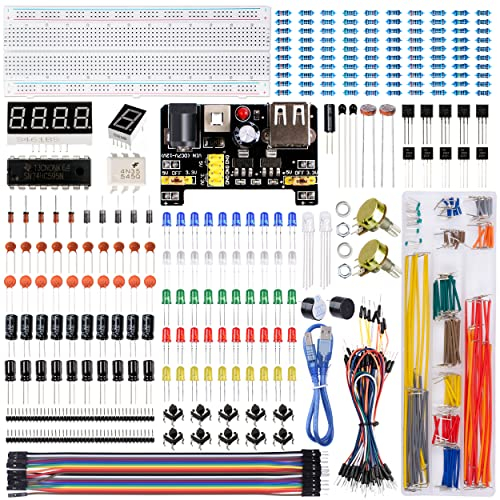 Miuzei Starter Kit Breadboard Set Compatible with Arduino Including Supply Module, Jumper Wire, 830 Tie-Points Breadboard, Precision Potentiometer, Resistor, LED, Compatible with Raspberry Pi, STM32