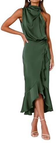 KIRUNDO Women 2026 Spring Summer Satin Mock Neck Wedding Guest Party Cocktail Midi Dress Sleeveless Wrap Ruffle Formal Dress(Army Green, X-Large)