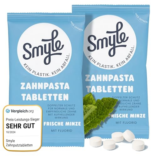 Smyle Zahnpasta tabletten - Vegan, Fluoridhaltig, Plastikfrei, Biologisch Abbaubare Feste Zahnpasta, (126 Stück)