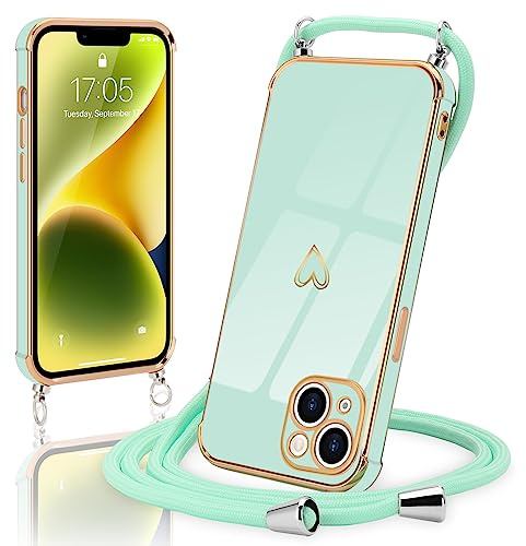 Micoden Collana per cellulare compatibile con iPhone 14, ultra sottile, protezione per fotocamera a forma di cuore Love Design Galvanik Silicone Bumper Cordoncino da appendere con nastro, verde