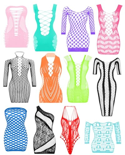 JDiction damunderkläder babydocka fisknät bodysuit sexiga nattkläder (12-pack), 12 st: Ljus färg 02, one size