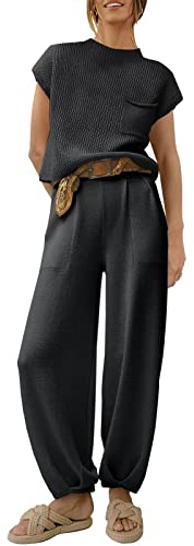 Conjunto de salón de 2 piezas para mujer, de punto, ganchillo, jersey, pantalones superiores, trajes Y2k, chándal, bolsillos, crochet ligero, Negro , XXL