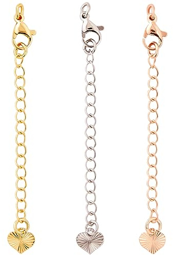 CREATCABIN 24 pz/Scatola 3 Colori Estensori per Collane e Bracciali Estensioni Catena in Ottone Placcato Oro 18K con Fermagli Ad Artiglio di Aragosta Linguette A Catena A Cuore Connettori per 6.5cm