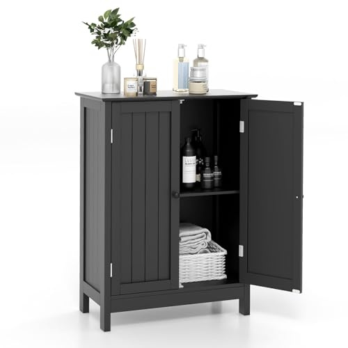 COSTWAY Bathroom Storage Cabinet, Freestanding Bathroom Organizers and Storage with Doors & Adjustable Shelf, Wooden Floor Cabinet for Home, Living Room, Entryway, Kitchen (Black)