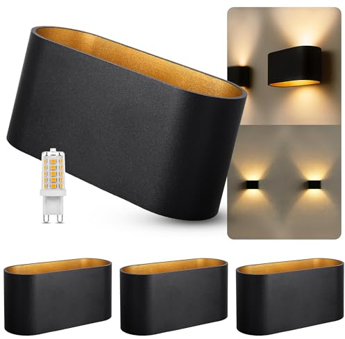 SSC-LUXon JOBERO 4er Pack Wandleuchte Innen schwarz - Wandlampe Gold Design Up Down Leuchte inkl. 1x G9 LED Leuchtmittel warmweiß