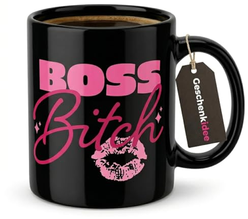 MIJOMA Kaffeebecher Boss Bitch – Statement Tasse aus Keramik – 325 ml in Schwarz Pink – Henkelbecher für Kaffee Tee und Büro