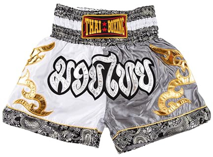 MUAY NATION Pantaloncini Muay Thai per Uomo e Donna, Pantaloncini da Boxe MMA dal Taglio Slim, Abbigliamento da Allenamento per Kickboxing (IT, Testo, XL, Regular, Regular, Bianco/Grigio)