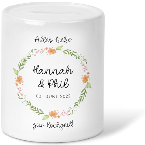 Generisch Spardose Hochzeit personalisiert Datum & Name Brautpaar Geldgeschenk Sparschwein Hochzeitsgeschenk Geld Geschenkideen Sparbüchse aus Keramik (Spardose Hochzeit - 02)