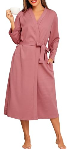 Lovasy Waffle Dressing Gowns for Women UK Cotton Lightweight Spa & Bath Robes for Women Ladies Kimono Dressing Gowns Women's Full-Length Robes with Pockets for Hotel Nursing Pregnancy,Dusky Pink,XXL