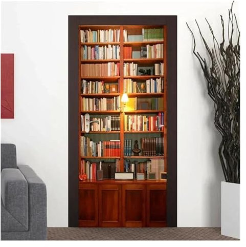 Türtapete Selbstklebend 3D-Vintage-Bücherregal-Türaufkleber, Bibliothek, Bücherregal, Zuhause, Schlafzimmer, Tapetenaufkleber, Abnehmbar, Wasserfest(B,90x200cm)