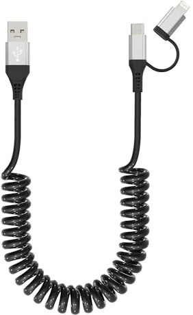 Cable USB-C Lightning en Espiral 2 en 1 para Apple Carplay y Android Auto Cable [MFi y 3A y Datos] Cable Corto de USB a Lightning y USB C,Cable iPhone USB para iPhone 17 16 15 14 13 12 Android