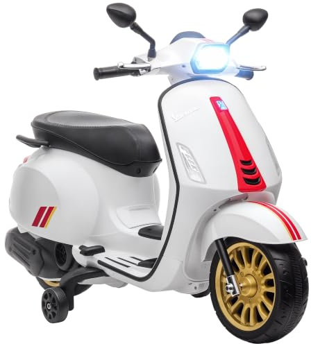 AIYAPLAY Elektro Kindermotorrad, Vespa 6V Elektromotorrad mit MP3, USB, FM-Radio, LED-Scheinwerfer, Kinderfahrzeug mit 2 Stützrädern, Elektro Motorrad für 3-6 Jahre Kinder, Weiß