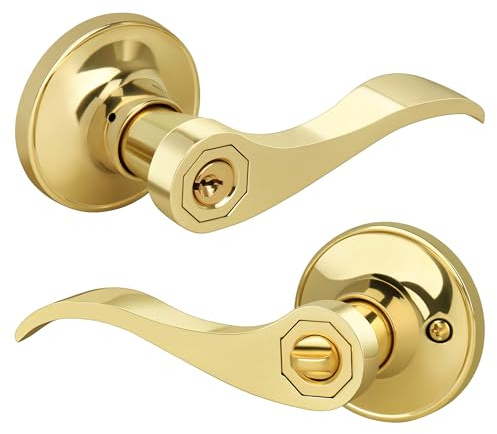 Gaurqiah Wave Style Entry Door Handle with Keys, Keyed Door Lever with Lock for Front/Entrance in Polished Brass Finish, Reversible Door Lever for Left/Right Doors