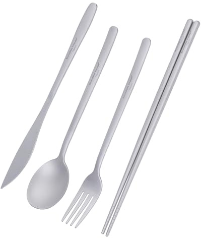 iBasingo Campingbesteck aus Reintitan 4-teiliges, Ti-color Ti1056T | Ultraleichtes Rostfreies Outdoor Löffel Gabel Messer Essstäbchen Titan Besteckset für Camping Wandern Picknick Büro Reisen