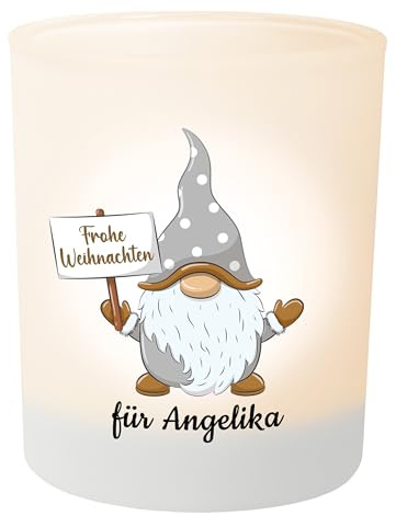 Weihnachts-Geschenk: Wichtel Teelichthalter personalisiert mit Namen – Teelichtglas Windlicht Weihnachtsdeko - Geschenk Weihnachten für Freunde Kollegen Familie (Frohe Weihnachten Gold Wichtel)