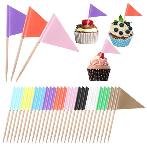 100 banderas de palillos de dientes vacías, banderas de palillos de dientes para cupcakes, banderas triangulares de colores, palillos de dientes con bandera de papel de estraza