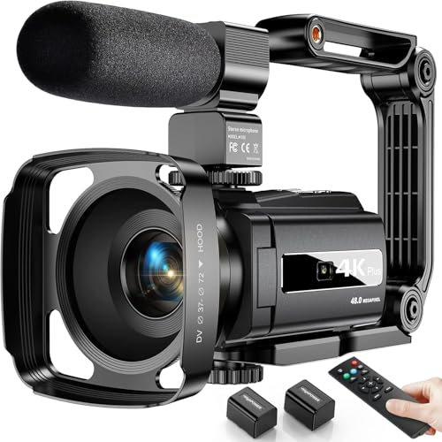 4K Videokamera Camcorder 48MP WiFi Vlogging Camera für YouTube 16X Digitale IR Nachtsicht 3 Touchscreen Kamera mit Fernbedienung, Mikrofon, Handstabilisator, Gegenlichtblende,2 Batterien