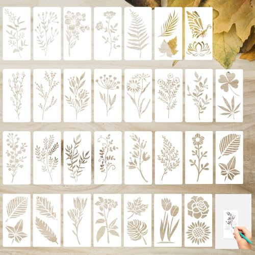 Lot de 30 pochoirs réutilisables en forme de fleur, 7,6 x 15,2 cm, motifs feuilles de vigne, pochoirs décoratifs floraux, pochoirs de dessin botanique de fleurs sauvages, pochoirs muraux pour meubles