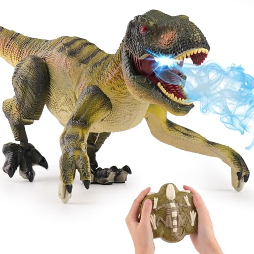 PREBOX Ferngesteuerter Dinosaurier Spielzeug für Jungen, RC Dino Roboter mit Brüllen, Sprühfunktion, Kopf- und Schwanzbewegungen, Realistische Gehbewegungen,Geschenk für Kinder 3-12 Jahre