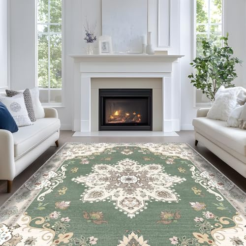 Luogort Grün Teppich Wohnzimmer 140x200cm, Waschbarer Vintage Teppich Kurzflor Teppiche mit Rutschfester Rückseite – Weich, Kindersicher & Pflegeleicht für Büro Esszimmer Kinderzimmer