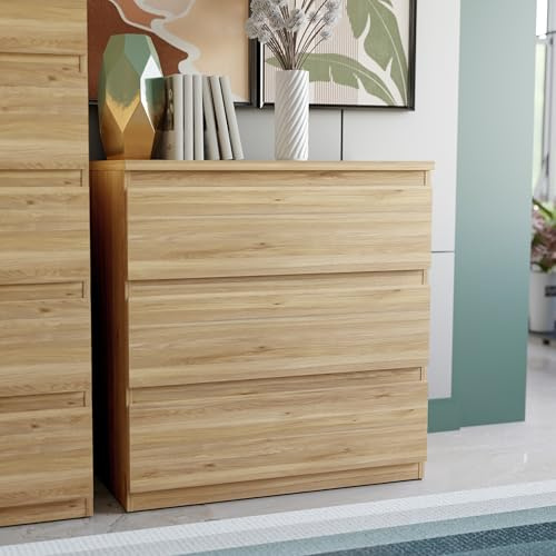 Forte EDMORE Kommode 80, Kommode mit 3 großen Schubladen, Modernes Sideboard, Wohnzimmer, Schlafzimmer, Holzwerkstoff, Mauvella Eiche Holzdekor, 77,2 cm breit x 79,8 cm hoch x 42,2 cm tief