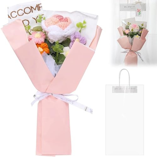 JOAASU Crochet Flowers Bouquet, Rose Handmade Knitted Bouquet, Knitted Flowers, Crochet Flower Bouquet for Mother's Day, Valentine's Day, Birthday, Graduation Bouquet (Gradient Pink)