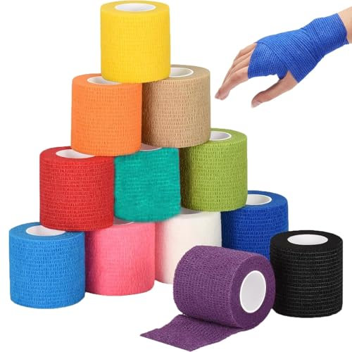 12 PCS Vet Wrap, Dogs Self Adherent Bandage Wrap for Wrist Ankle Sprain Self Adhesive Adherent Bandage for Wrist Ankle Self Bandage Elastic Athletic Tape Cohesive Bandages 4.5m X 2.5cm