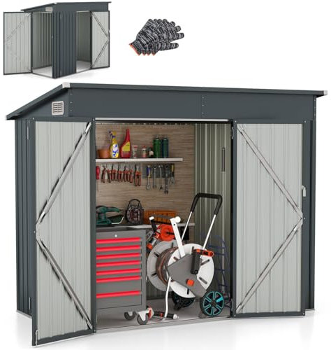 COSTWAY 8 x 4ft/8 x 6ft/10 x 8ft Garden Storage Shed, Galvanized Metal Garden Sheds with 3 Doors, Safety Locks, Keys, Sloping Roof & Air Vents, Weatherproof Tool Shed House (8 x 4ft, 235x117x185cm)