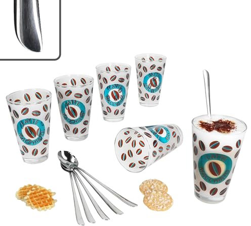 MamboCat Set di 12 bicchieri Cremona Latte Macchiato blu & Twist Latte Macchiato Cucchiaio L19 cm I per 6 persone, effetto vetro smerigliato con chicchi di caffè | con manico curvo, in acciaio inox